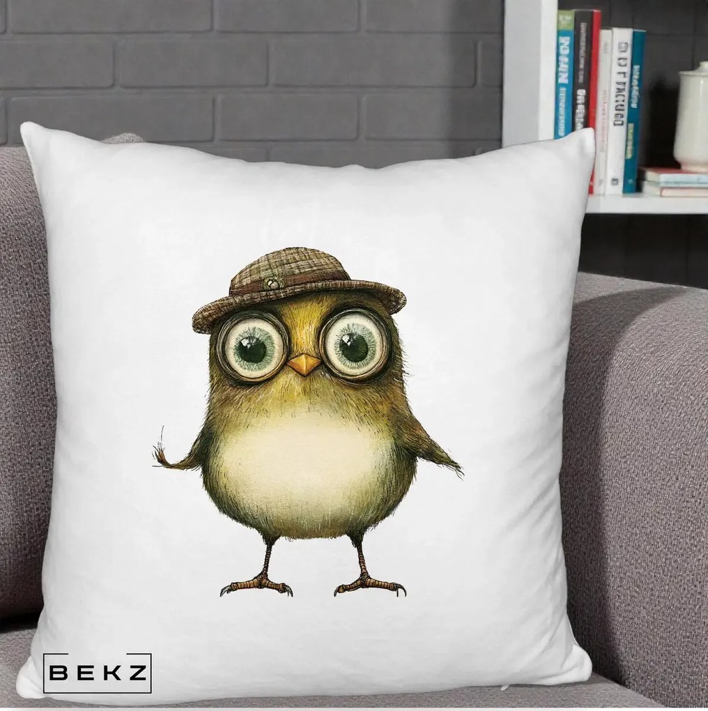 Perna Decorativa Pui Intelectual cu Palarie Tweed, 40x40 cm, Alb Pufos, Husa Detasabila, Perna Inclusa, BEKZ®