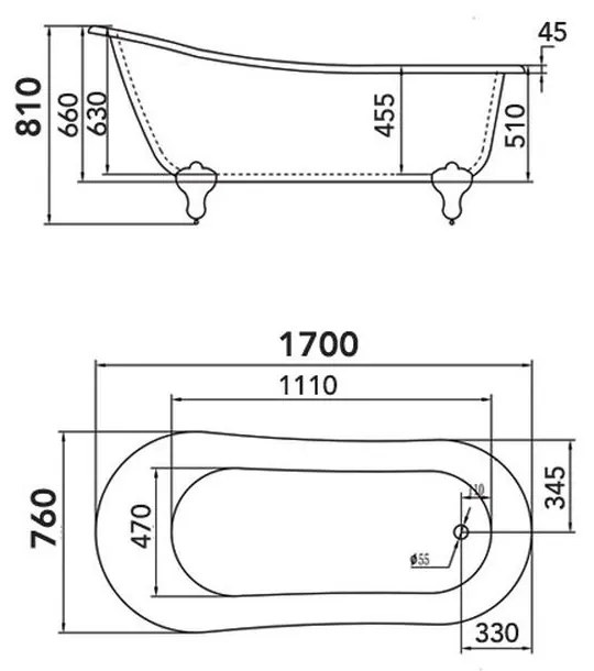 Cada baie freestanding retro cu picioare crom, 170 x 76 cm, Florida, Dido