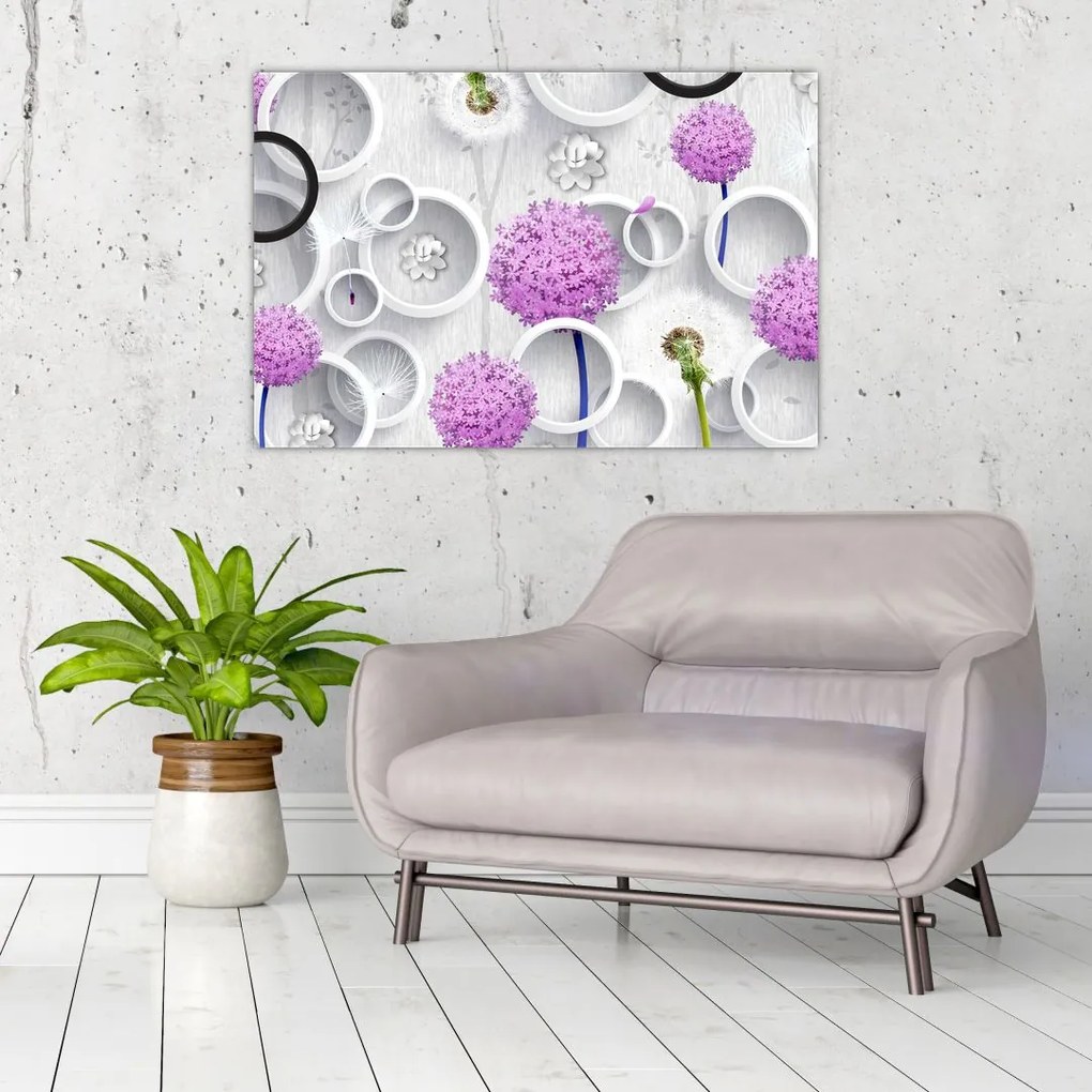 Tablou cu abstracție 3D cu cercuri și flori (90x60 cm)