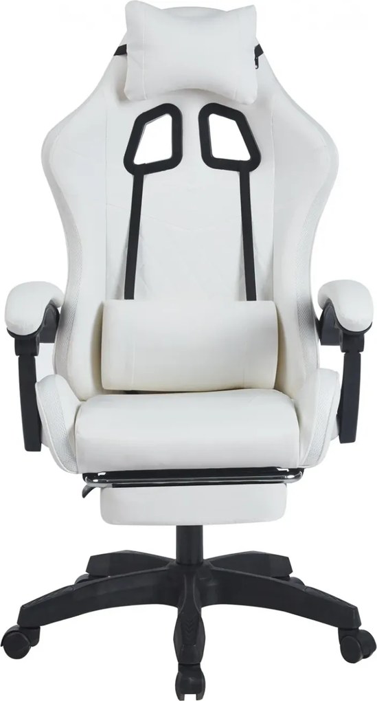 RESIGILAT- Scaun gaming, sistem iluminare bandă LED RGB, masaj în perna lombară, suport picioare, Alb