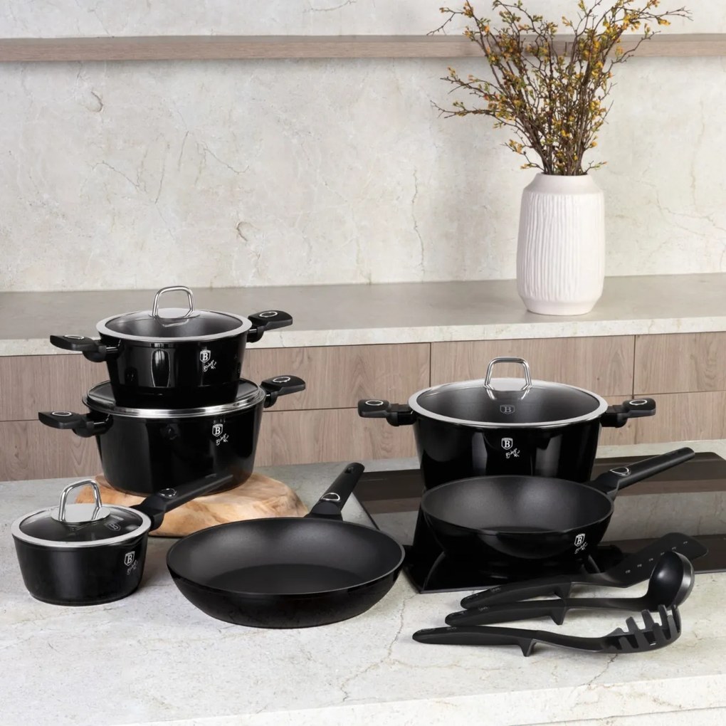 Set oale si tigai cu capace, 15 piese Black Vantage Berlinger Haus BH 8232, antiaderente, inductie, negru, design premium