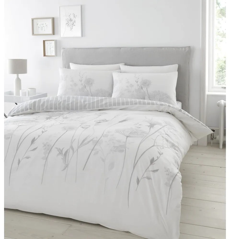 Lenjerie de pat albă-gri pentru pat dublu, extinsă 230x220 cm Meadowsweet Floral – Catherine Lansfield