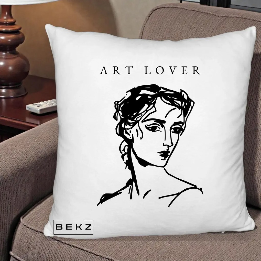 Perna Decorativa Art Lover Portret Grafic, 40x40 cm, Alb Pufos, Husa Detasabila, Perna Inclusa, BEKZ®