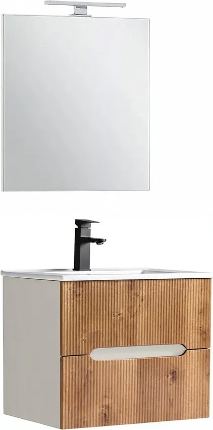 Trent mobilier de baie 60 cm chiuvetă ceramică (2 sertare) cu oglindă 60x80 cm stejar alb-sunset