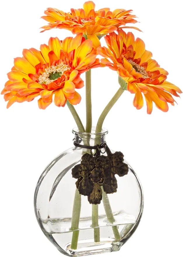 Set vaza sticla cu 3 flori gerbera artificiala portocalii 20 H