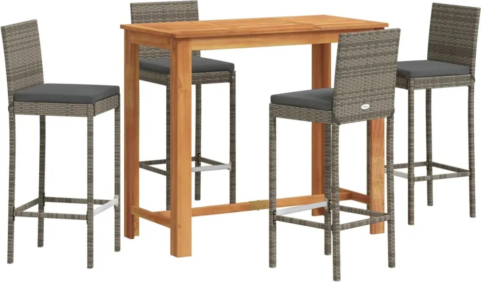 vidaXL Set bar de grădină, 5 piese, gri, lemn masiv acacia/ poliratan