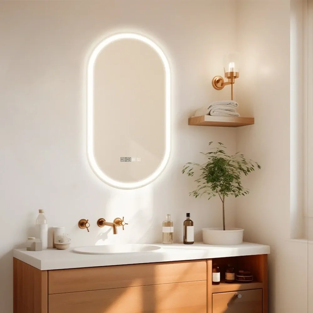 RESIGILAT- Oglindă baie, Multifuncțională, Iluminare LED Touch, Sistem Dezaburire, Ceas electronic încorporat, Indicator Temperatura, 80x50 cm