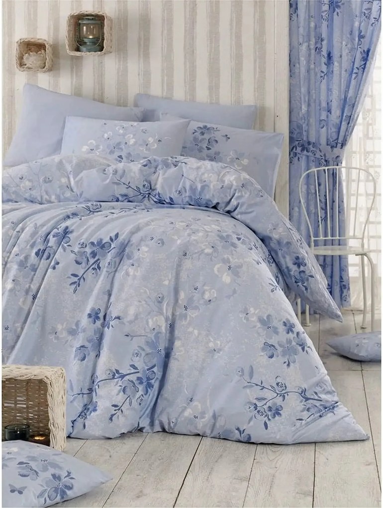 Set lenjerie pat dublu ELENA, bumbac, alb/albastru, 220x240 cm, cu cea
