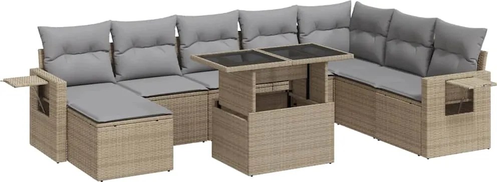 vidaXL Set canapele de grădină, 9 piese, cu perne, bej, poliratan