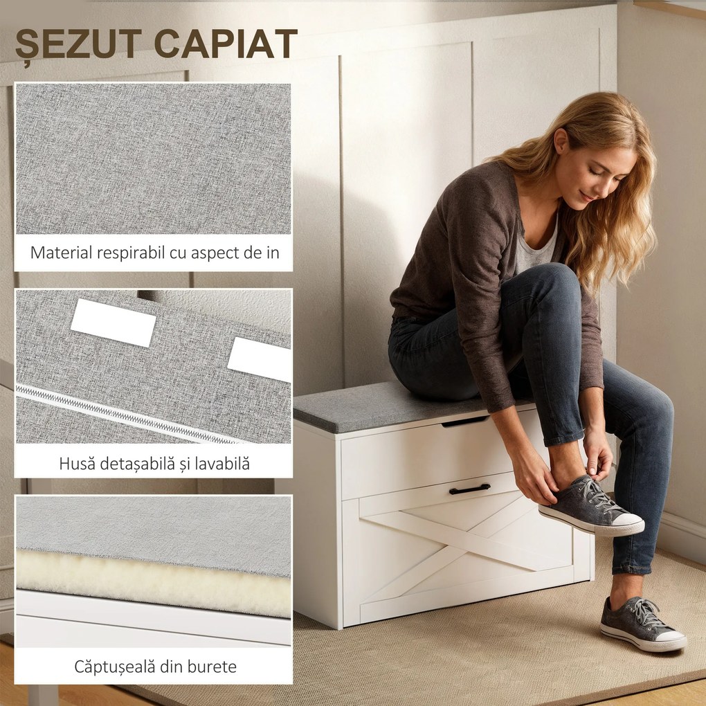 HOMCOM Bancă Pantofar de Intrare, Pantofar cu Săriță Capitonată Lavabilă, Antă Rabatabilă, Compartiment cu Închidere Lentă, Rafturi Reglabile, pentru 8 Perechi de Pantofi, Hol Coridor Cameră, Alb | Aosom Romania
