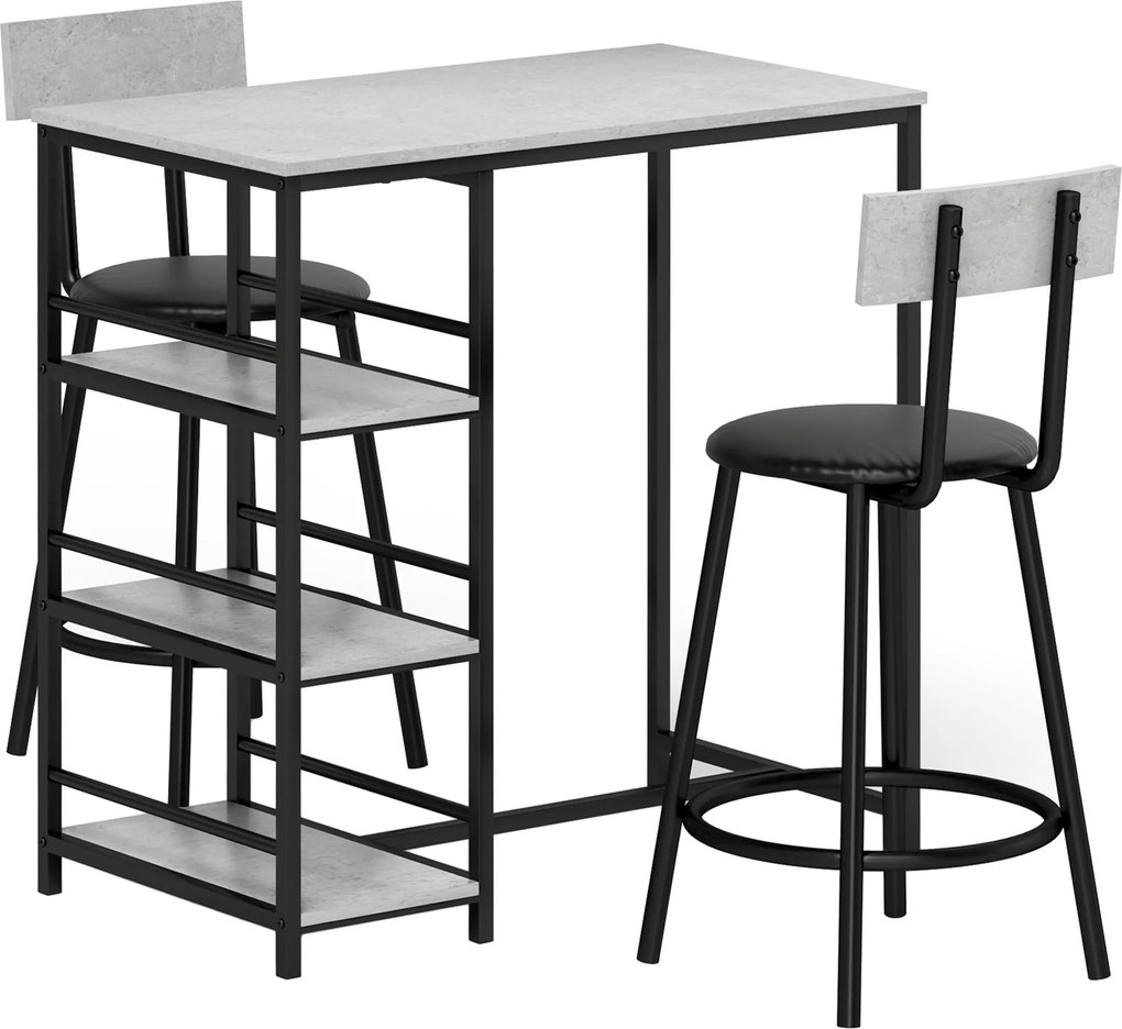 HOMCOM Set Masă de Bar cu 3 Rafturi și 2 Scaune cu Spătar, 90x50x90.5 cm, Gri Deschis | Aosom Romania