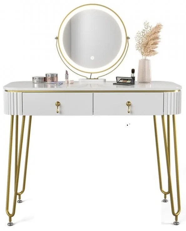 SEA398 - Set Masa toaleta, 100 cm, cosmetica machiaj, oglinda cu LED - Alb Lucios - Auriu