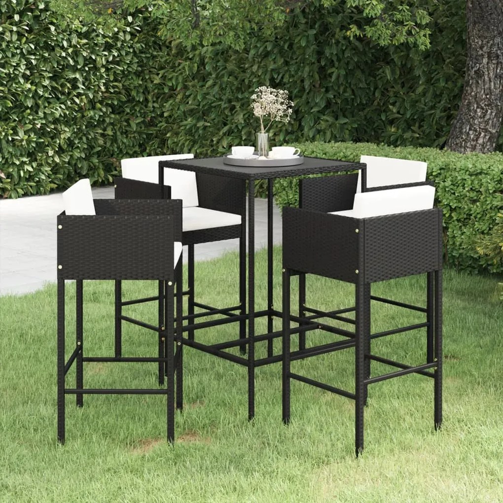 vidaXL Set mobilier bar de grădină cu perne, 5 piese, negru, poliratan