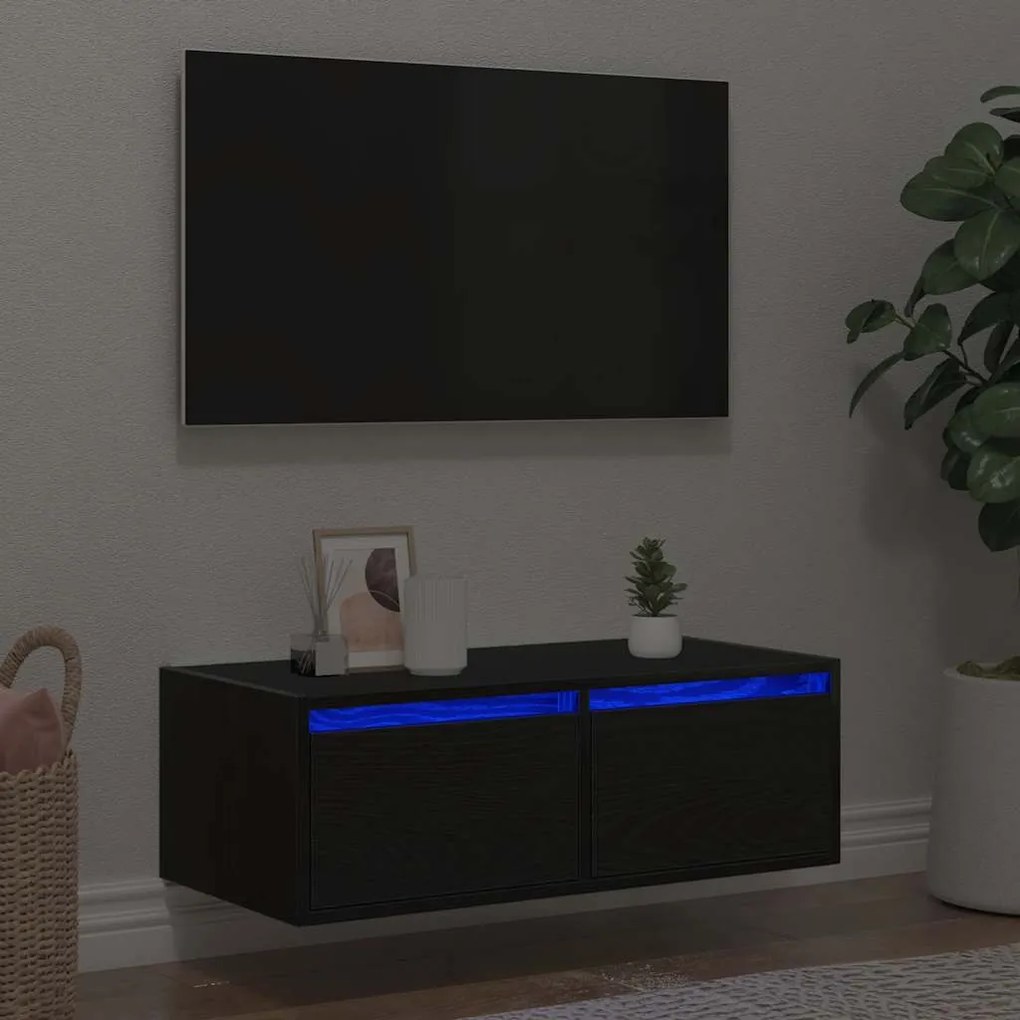 vidaXL Dulap TV cu lumini LED Stejar negru 75x35,5x25 cm