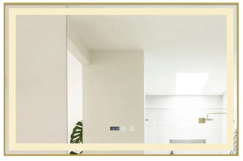 Oglindă Baie LED și Dezaburire Elit's Premium cu Senzor Touch, Lumina Rece, Caldă și Neutră, 100x80 cm, cu rama Bronz Gold Antichizat, Ceas