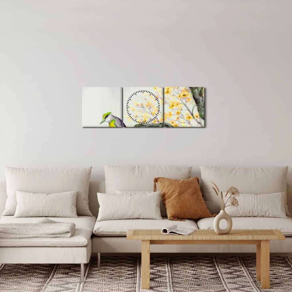 Tablou - Pasăre în copac,acuarelă (cu ceas) (90x30 cm)