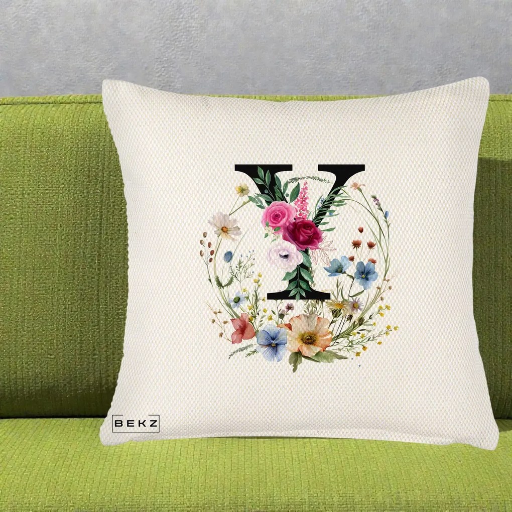 Cadou Personalizat - Perna Personalizata Monograma Florala Litera Y cu Coroana, 40x40 cm, Crem Reliefat, Husa Detasabila, Perna Inclusa, BEKZ®