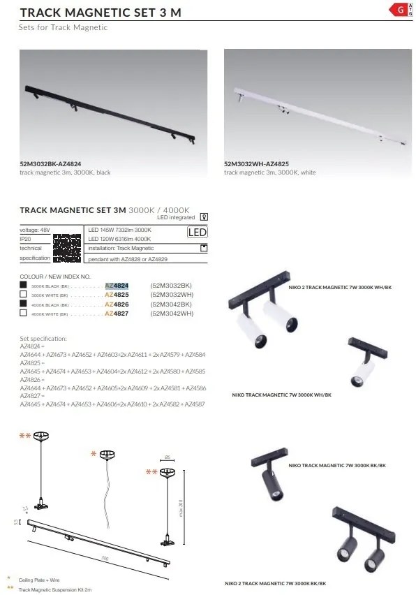 Set 3 metri sina magnetica monofazata cu iluminat inclus Alfa 52M3032BK negru, 3000K
