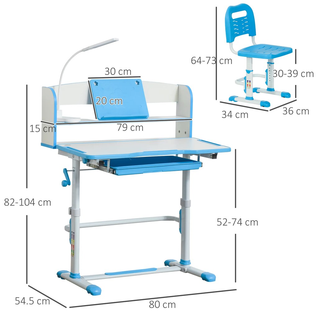 HOMCOM Set Masă și Scaun pentru Copii 6-12 Ani Reglabile pe Înălțime și Blat Înclinabil 45°, 80x54,5x82-104 cm, Albastru | Aosom Romania