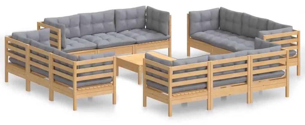 3096069 vidaXL Set mobilier grădină cu perne, 13 piese, gri, lemn de pin