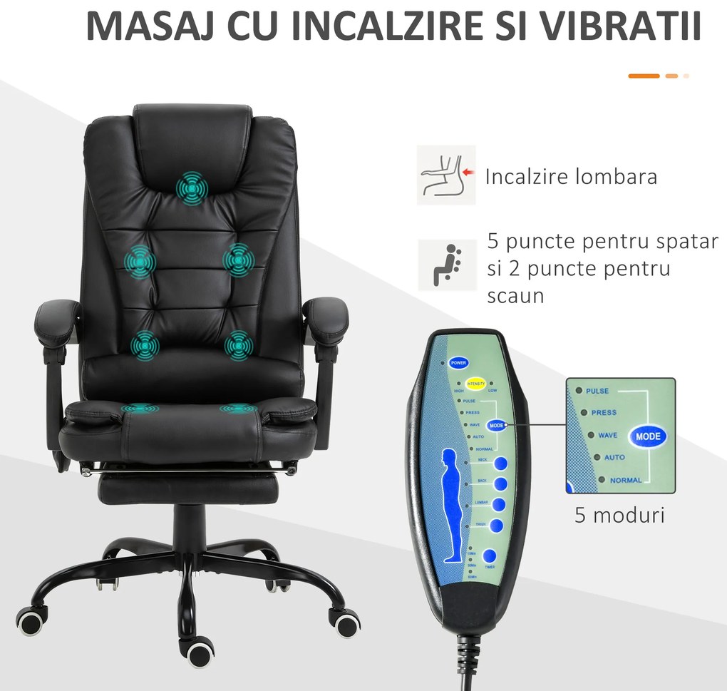 Fotoliu de birou cu masaj cu 7 puncte de vibrație, ergonomic cu suport pentru picioare și spătar înclinat la 155°, negru Vinsetto | Aosom Romania