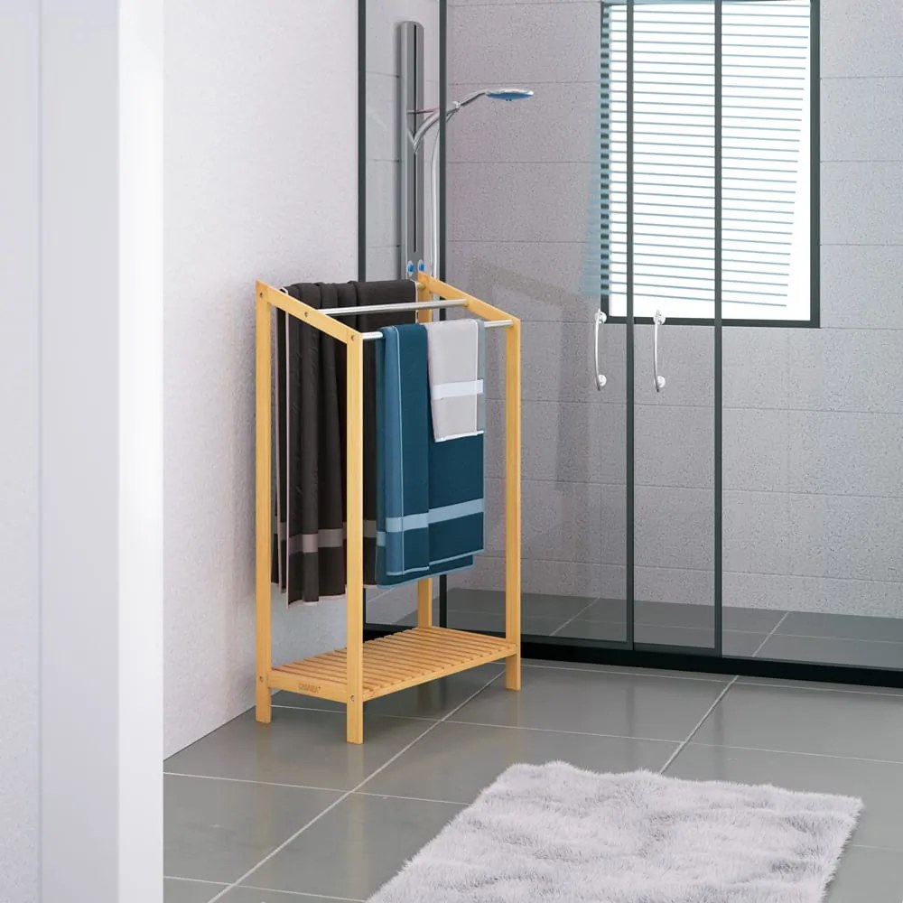 Suport pentru prosoape din bambus RUBBY cu bare metalice și raft, 51x31x85 cm, maro/argintiu Casaria