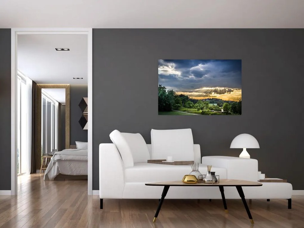 Tablou cu peisaj și raze de soare (90x60 cm)
