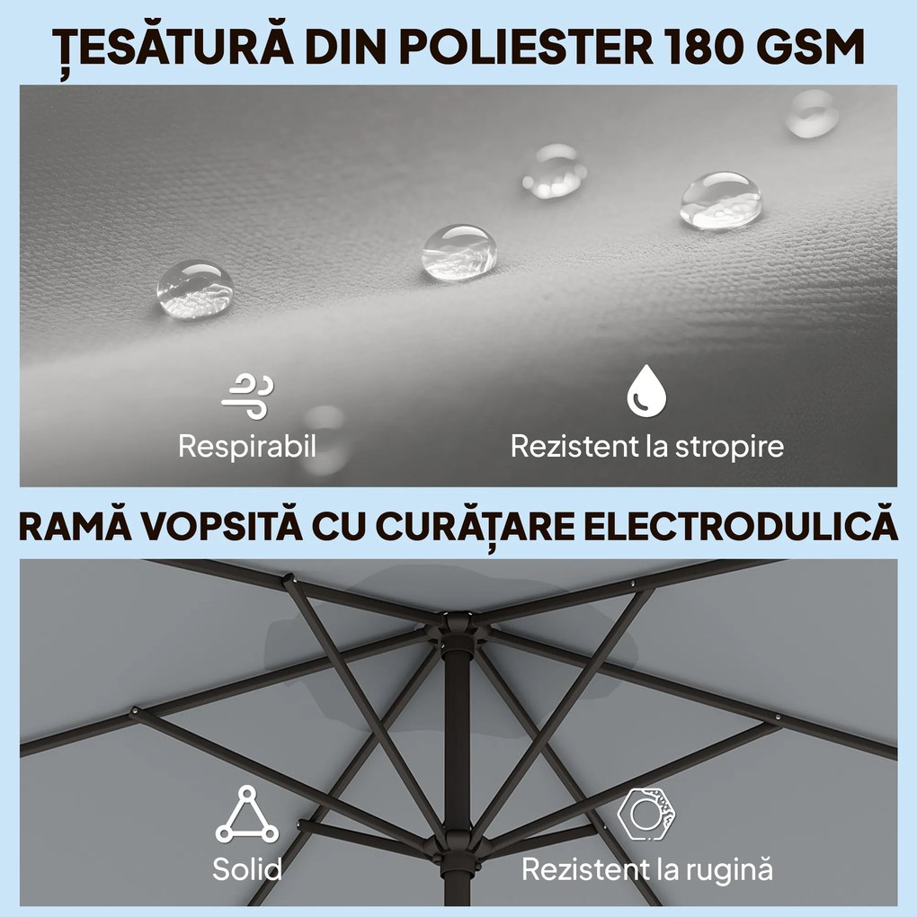 Outsunny Umbrelă de Grădină 3x3 m Înclinabilă cu Deschidere prin Manivelă, Umbrelă de Exterior cu Husă, Anti-UV 30+ din Metal și Poliester 180 g/㎡, Gri | Aosom Romania
