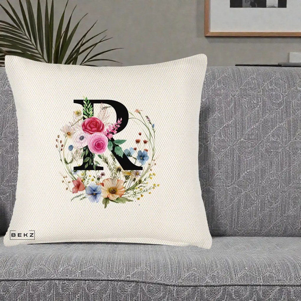Cadou Personalizat - Perna Personalizata Monogram Litera R cu Flori Acuarela, 40x40 cm, Crem Reliefat, Husa Detasabila, Perna Inclusa, BEKZ®