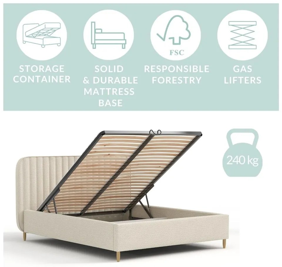 Pat matrimonial bej tapițat cu spațiu de depozitare cu somieră 160x200 cm Noto – Maison de Rêve