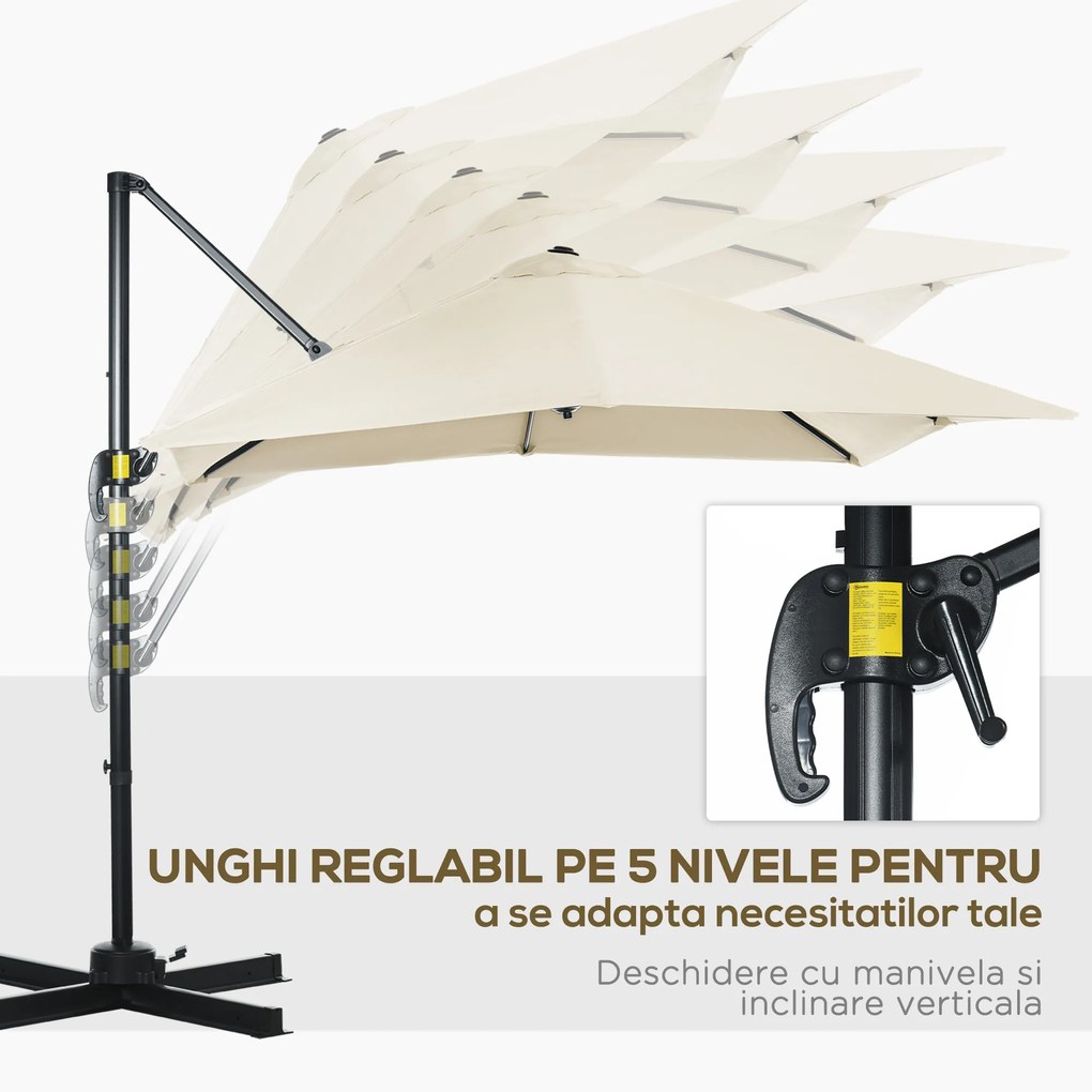 Outsunny Umbrelă de Gradină cu Manivelă cu Rotație 360°, Parasolar Reglabil, 245x245x245 cm, Crem | Aosom Romania