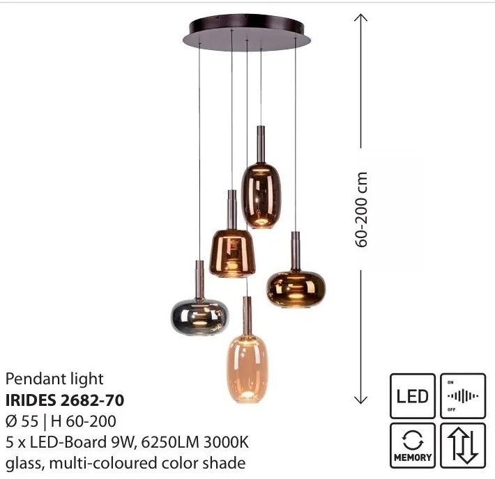 Lustra cu 5 pendule LED, inaltime reglabila, sticla, multicolor, IRIDES