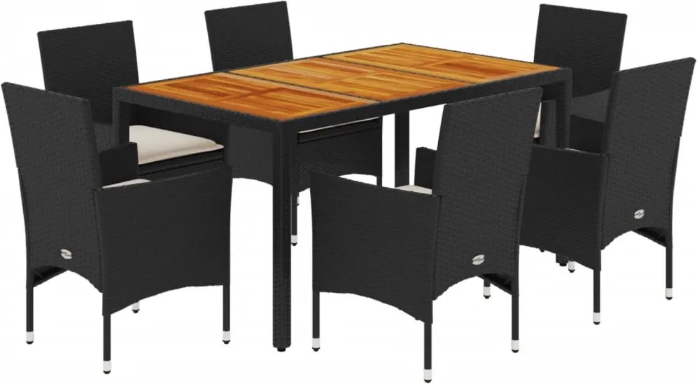 vidaXL Set mobilier grădină perne 7 piese negru poliratan/lemn acacia
