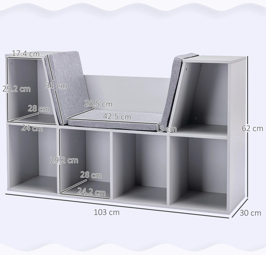 HOMCOM 2 în 1 raft pentru copii Raft + Bancă cu pernă 103 cm × 30 cm × 62 cm Alb + Gri | Aosom Romania
