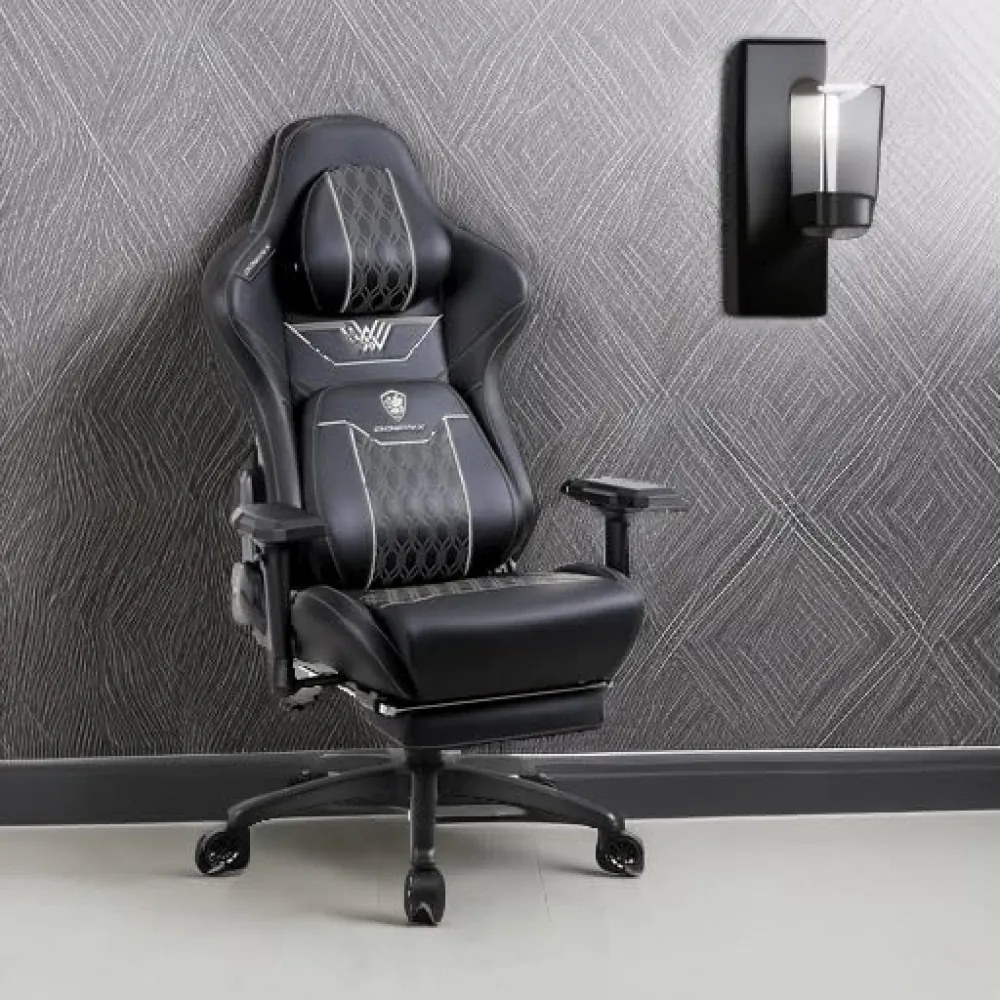 DOWINX Scaun gaming, ergonomic, spătar înalt, tetiera confortabilă, suport lombar, cotiere 4D, suport picioare, rezistent 150 kg, piele PU, Negru