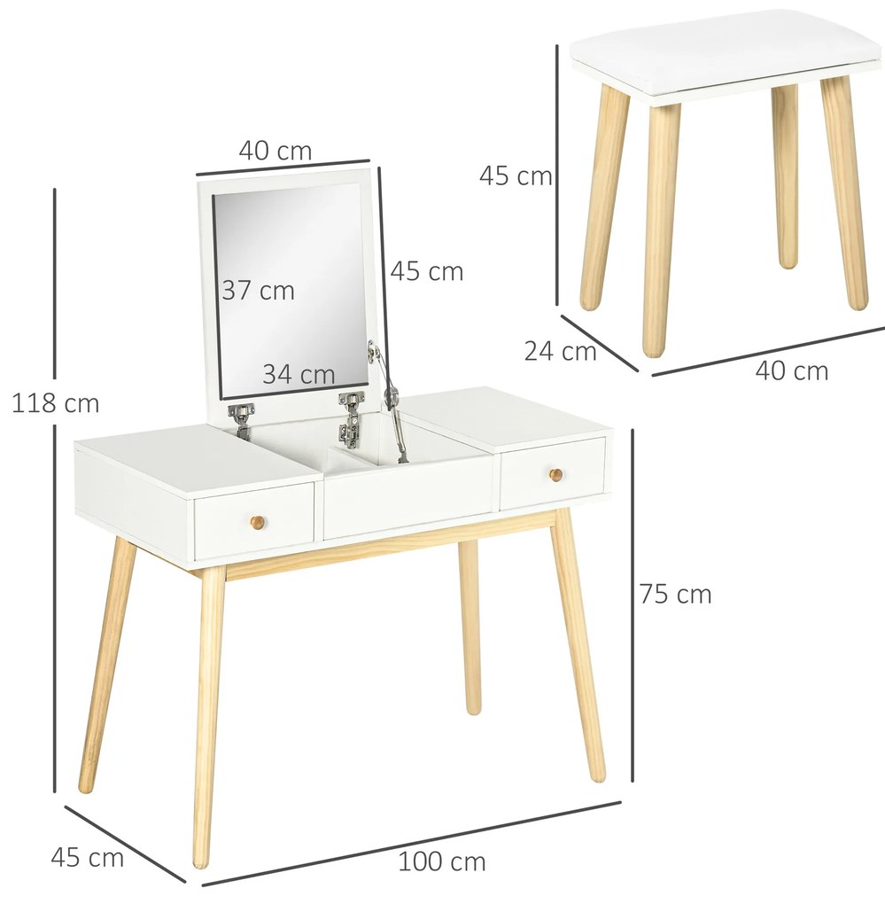 HOMCOM Set coafatoare cu taburet mirror rabatabil stil scandinav 2 sertare 100 x 45 x 118 cm, alb | Aosom Romania