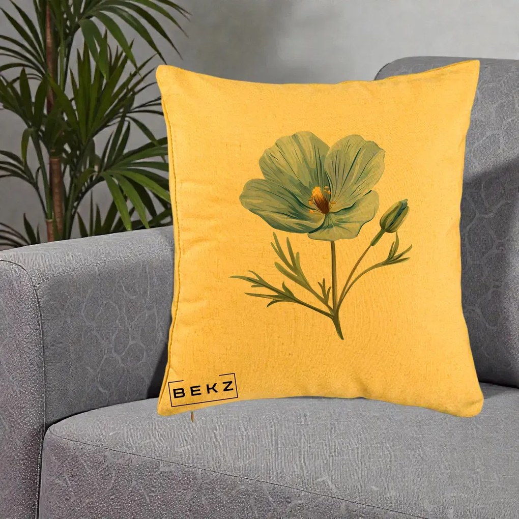 Perna Decorativa Mac Albastru Acuarela, 40x40 cm, Galben, Husa Detasabila, Perna Inclusa, BEKZ®