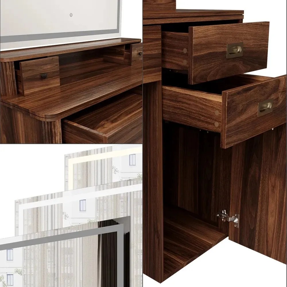 Masuta machiaj cu Oglinda LED si 5 Sertare pentru Cosmetice, Set Masa toaleta 115 cm, Maro, masuta cosmetica, vanity - SEM246