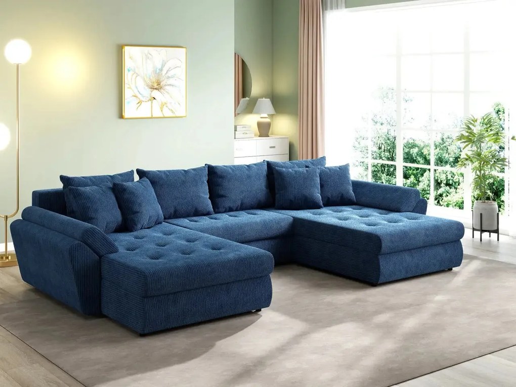 Colțar extensibil dumonde cu ladă de depozitare si sezut confortabil din spuma high-density, Loana U Zoom Blue 355x185 cm