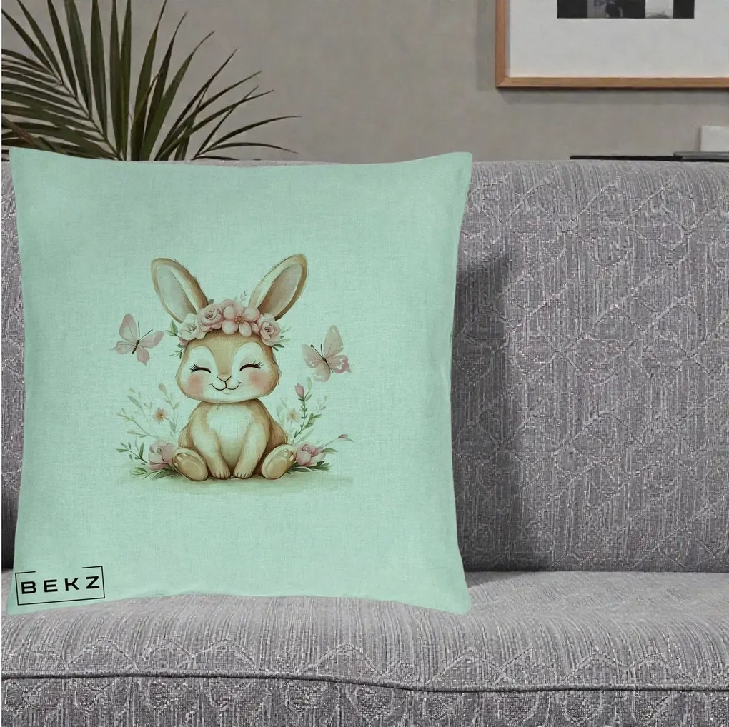Perna Decorativa Iepuras cu Coronita Florala Roz, 40x40 cm, Verde Menta, Husa Detasabila, Perna Inclusa, BEKZ®