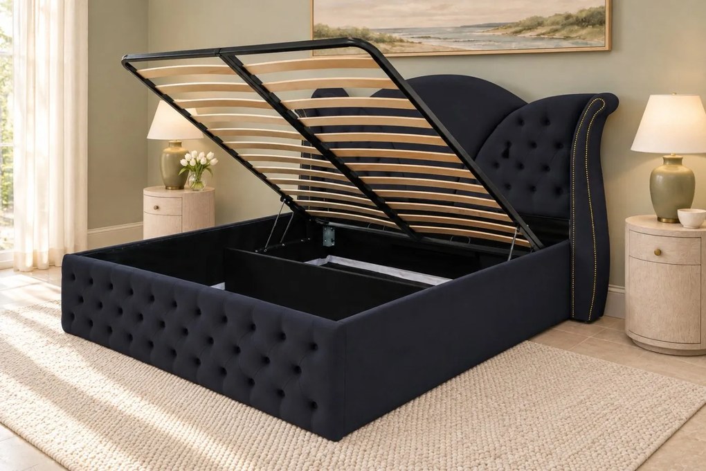 Pat tapițat Chesterfield din catifea Velora 180×200 cm, negru, cu ladă de depozitare