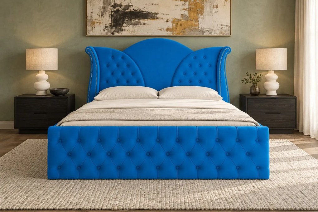 Pat tapițat Chesterfield din catifea Velora Deluxe Classic 160×200 cm, albastru, cu ladă de depozitare