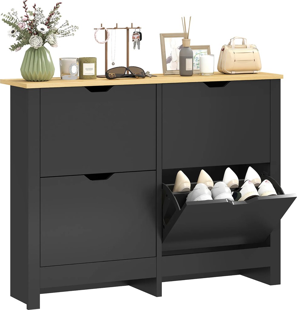 HOMCOM Dulap pentru pantofi 16 perechi, dulap cu 4 sertare rabatabile și polițe reglabile, negru și lemn natural | Aosom Romania