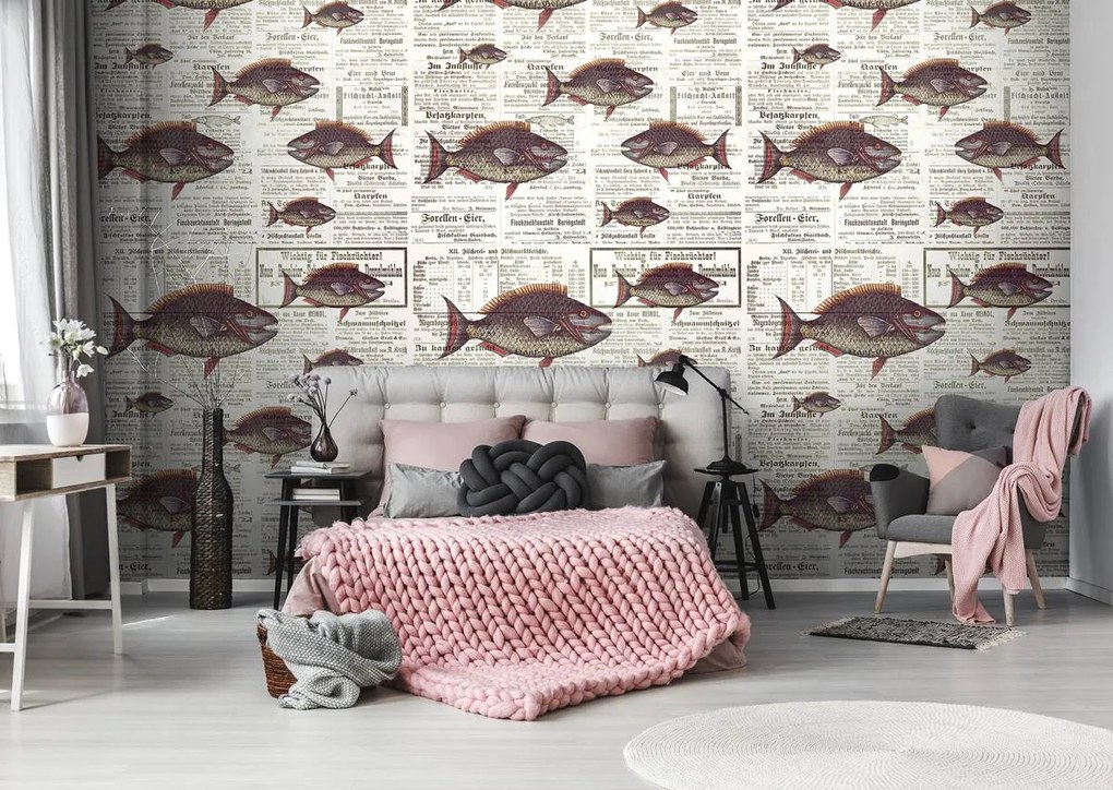 Fototapet - Piranhas în ziare vechi (152,5x104 cm)