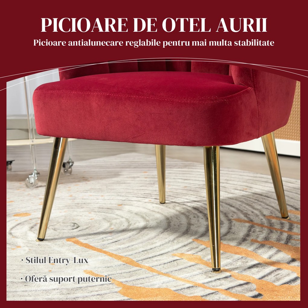 HOMCOM Fotoliu Tapițat cu Spătar în Formă de Cochilie, Fotoliu din Catifea cu Picioare Aurii, 63x65x84 cm, Roșu | Aosom Romania