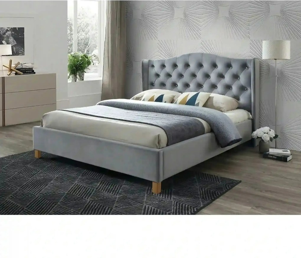 Pat 180 200 cm ASPEN, stofa catifelata gri - BLUVEL 14, cu somiera