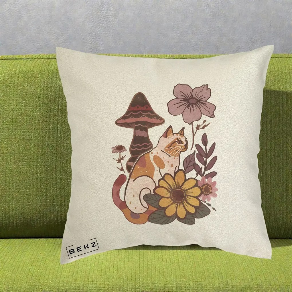 Perna Decorativa Pisica Vintage Florala Boho, 40x40 cm, Ecru, Husa Detasabila, Perna Inclusa, BEKZ®
