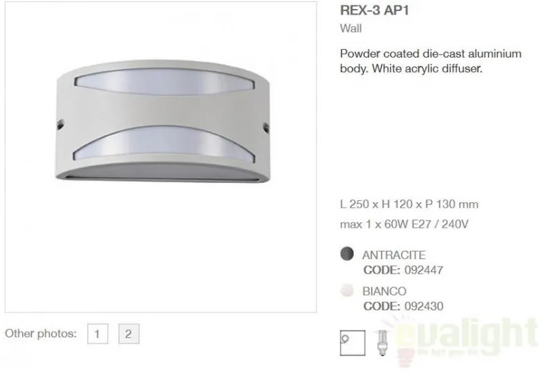 Aplica de perete exterior, IP44, REX-3 AP1 BIANCO 092430