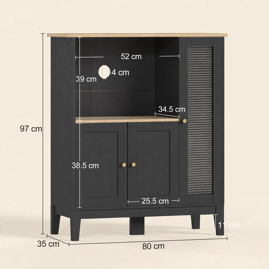 HOMCOM Dulap pentru Cuptor cu Microunde cu Dulap Inferior și 3 Rafturi Laterale cu Ușă din Sticlă, din Lemn, 80x35x97 cm, Negru | Aosom Romania