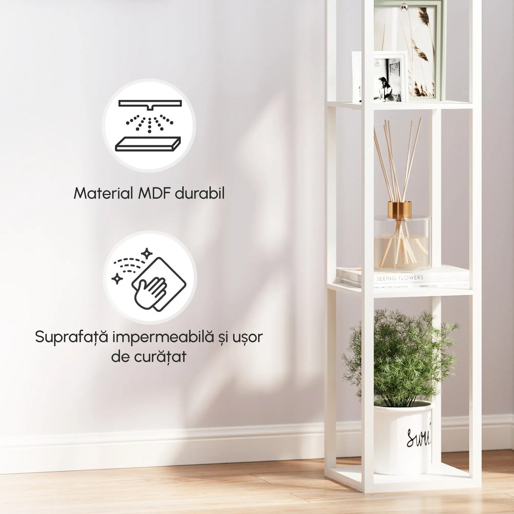 Lampa de Podea HOMCOM cu 3 Polite Integrate, Cuplare E27 Putere 40W, MDF, 26x26x160cm, Alb | Aosom Romania
